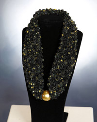 Dark Green and Yellow Scarf Necklace with Gold Bead Dark Green and Yellow Scarf Necklace with Gold Bead