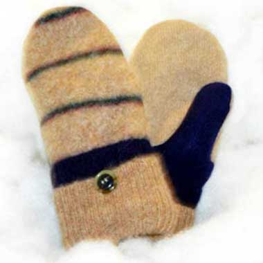 Recycled Wool Mittens - Tan with Navy Stripes