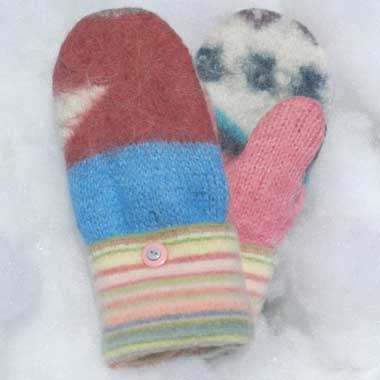 Recycled Wool Mittens – Blue, Pink, and White