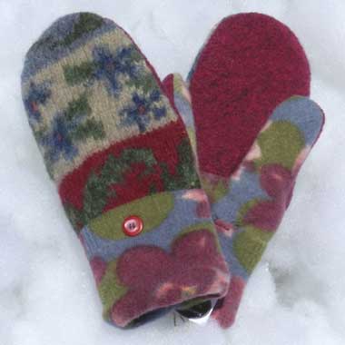 Recycled Wool Mittens – Wine, Blue, Green & Tan Floral Leaf Design