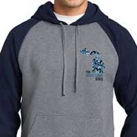 Gray Hoodie with Navy Sleeves and Blue Michigan GeoCamo Design